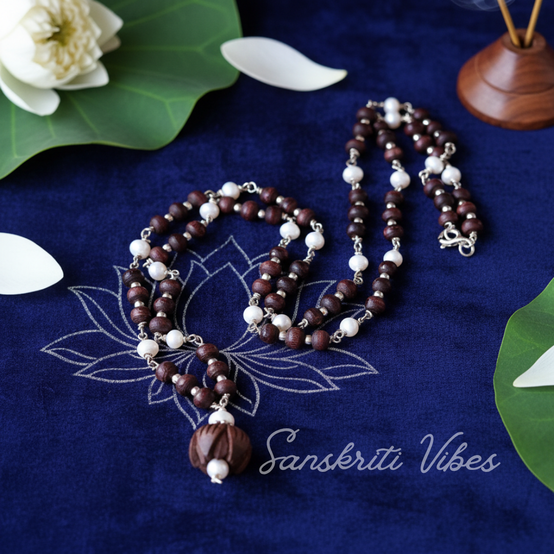Lotus Beads Silver Tulsi Necklace Kanthi Mala | Handcrafted Spiritual Tulsi Devotional Necklace for Meditation & Prayer - Retail Maharaj