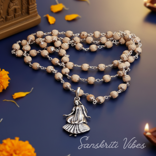 Shri Radha Rani Sterling Silver Tulsi Necklace Mala | Handcrafted Devotional Necklace for Meditation & Spiritual Wear - Retail Maharaj