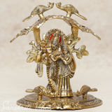 Radha Krishna Standing Under Tree Playing Flute | Gold Antique Metal Idol Statue for Pooja Room & Home Décor