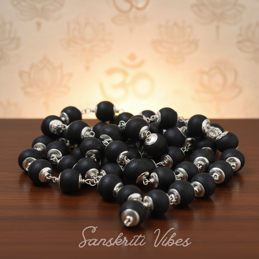Black Tulsi Mala 8mm Pure Silver Capped Tulsi Wood Rosary for Protection and Spiritual Healing
