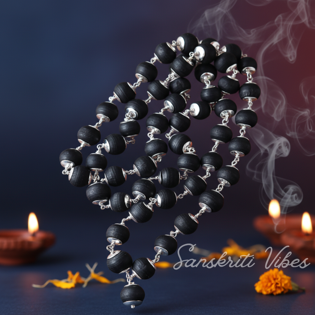 Black Tulsi Mala 8mm Pure Silver Capped Tulsi Wood Rosary for Protection and Spiritual Healing