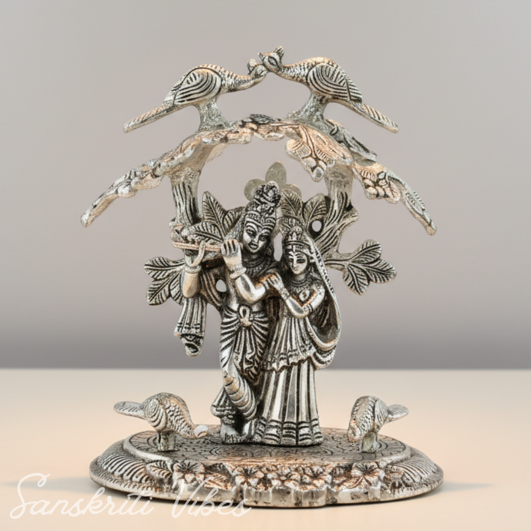 Radha Krishna Playing Flute Under Tree | Silver Oxidized Aluminium Idol for Home Décor & Diwali Gifting