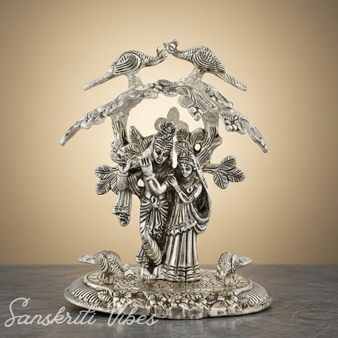Radha Krishna Playing Flute Under Tree | Silver Oxidized Aluminium Idol for Home Décor & Diwali Gifting