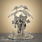 Radha Krishna Playing Flute Under Tree | Silver Oxidized Aluminium Idol for Home Décor & Diwali Gifting