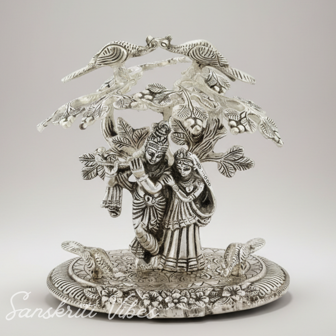 Radha Krishna Playing Flute Under Tree | Silver Oxidized Aluminium Idol for Home Décor & Diwali Gifting