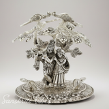 Radha Krishna Playing Flute Under Tree | Silver Oxidized Aluminium Idol for Home Décor & Diwali Gifting