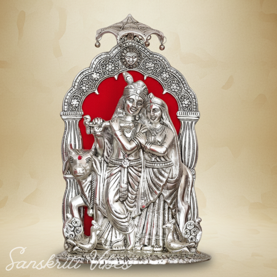 Silver Metal Radha Krishna with Cow Idol | Ornate 33 cm Decorative Showpiece for Puja Room, Home & Office