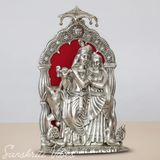 Silver Metal Radha Krishna with Cow Idol | Ornate 33 cm Decorative Showpiece for Puja Room, Home & Office