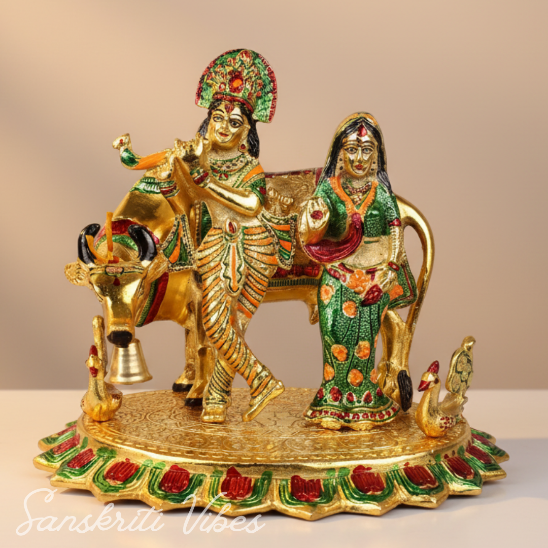 Radha Krishna with Cow Metal Statue | Meena Work Decorative Idol for Home Temple & Gifting – Glossy Finish