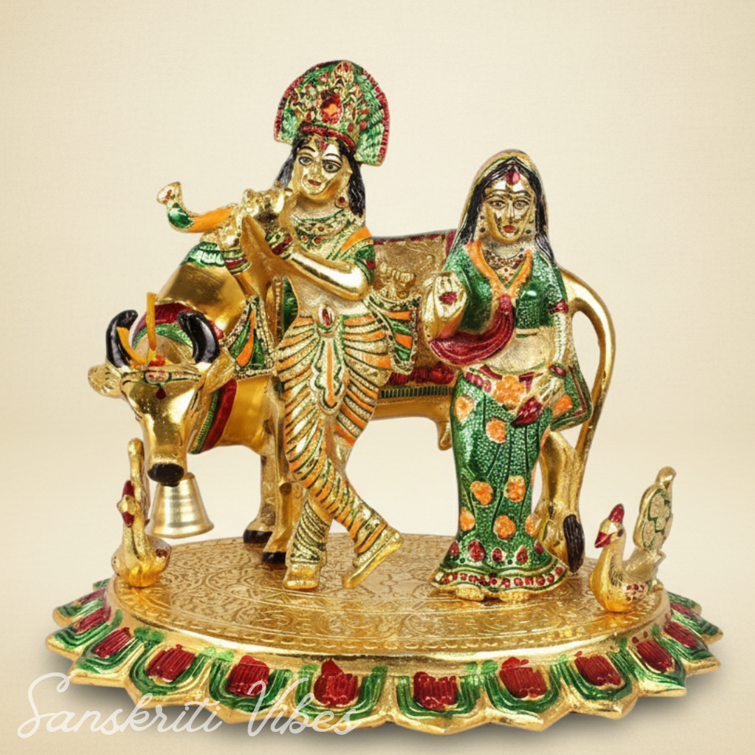 Radha Krishna with Cow Metal Statue | Meena Work Decorative Idol for Home Temple & Gifting – Glossy Finish