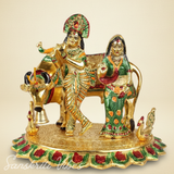 Radha Krishna with Cow Metal Statue | Meena Work Decorative Idol for Home Temple & Gifting – Glossy Finish