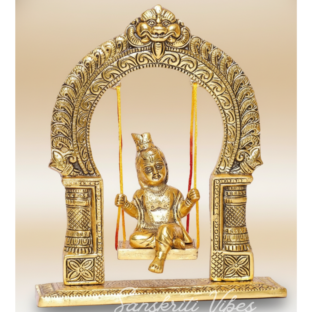 Gold-Plated Laddu Gopal Swing Jhula | Metal Krishna Palna for Temple, Puja Room & Home Décor