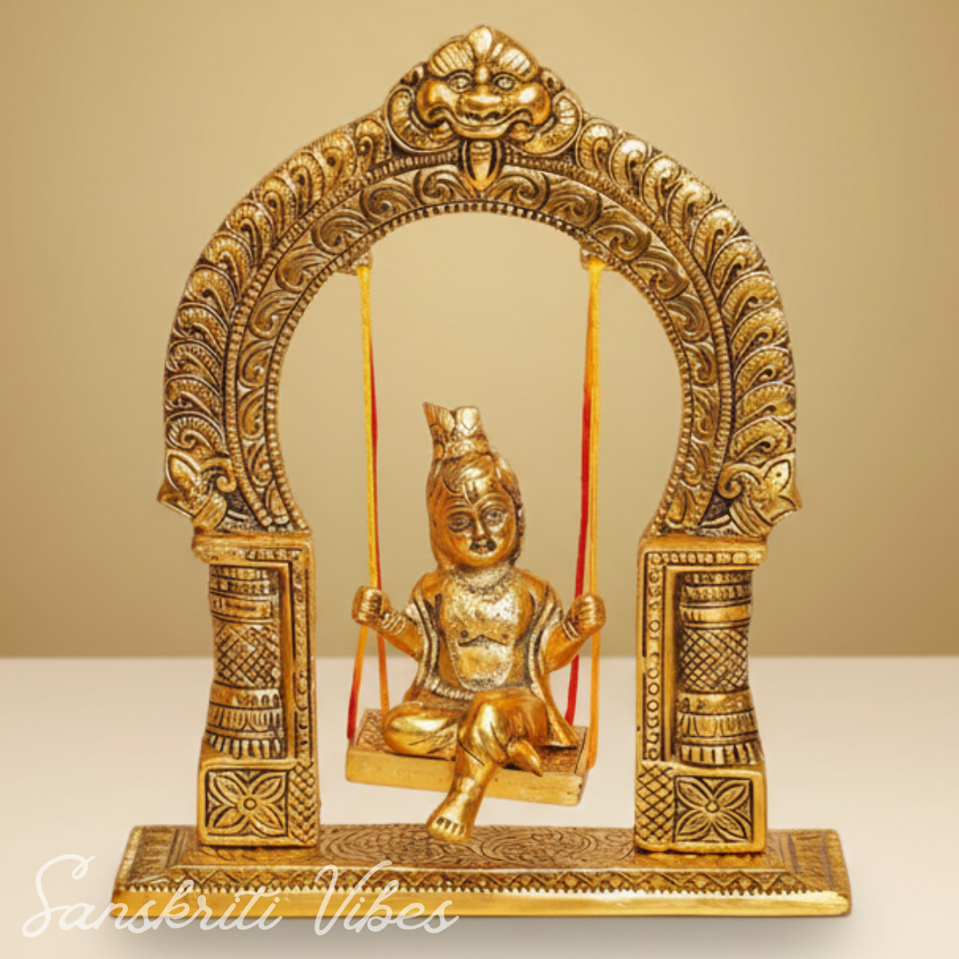 Gold-Plated Laddu Gopal Swing Jhula | Metal Krishna Palna for Temple, Puja Room & Home Décor