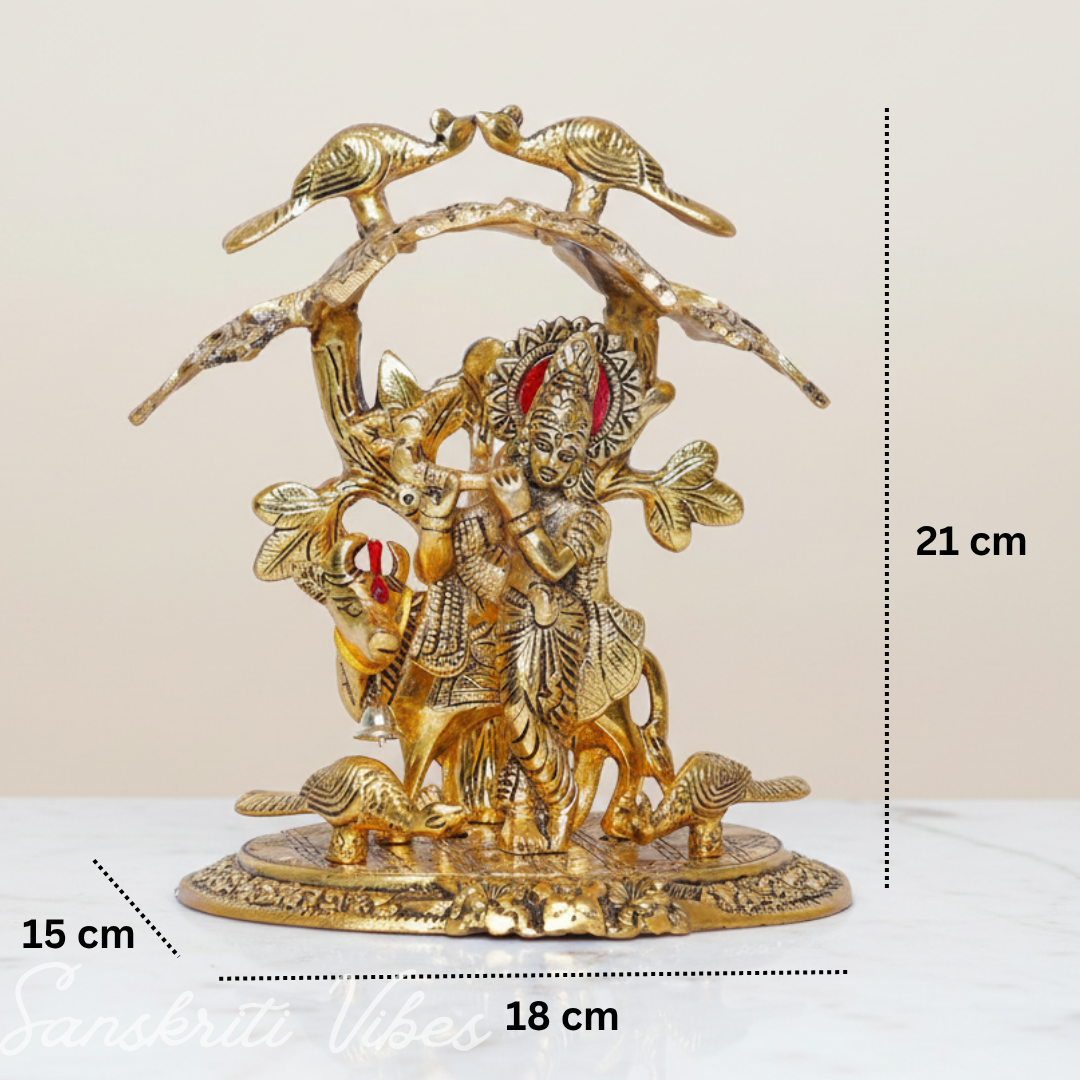Krishna Playing Flute with Kamdhenu Cow Under Tree | Metal Glossy Finish Statue for Pooja Room & Home Décor