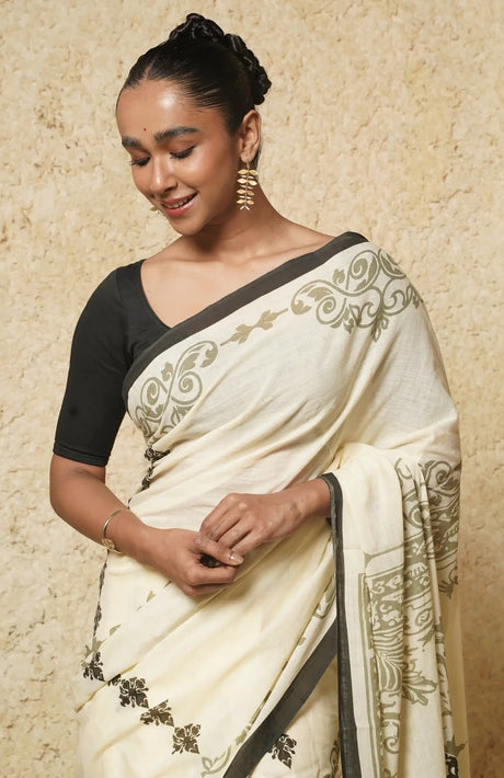 Handwoven Muslin Cotton Saree – Hand Block Printed with Olive - Retail Maharaj