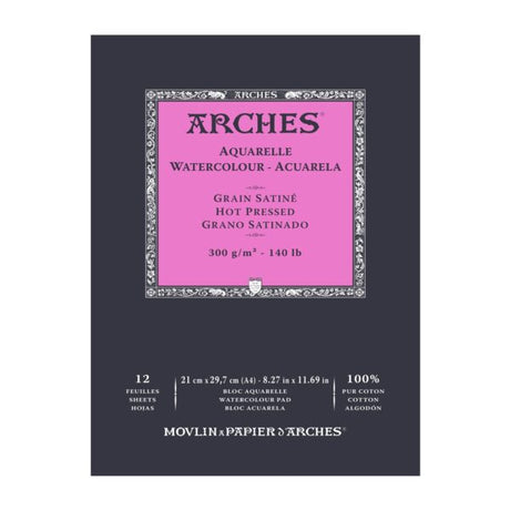 Arches Aquarelle Watercolour Hot Pressed Paper Pad Open Stock 12 Sheets - Retail Maharaj