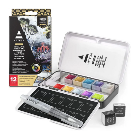 Arteza Metallic and Iridescent Watercolor Paint Set of 12 Colors, Enchanted Forest Theme in Half Pans - Retail Maharaj