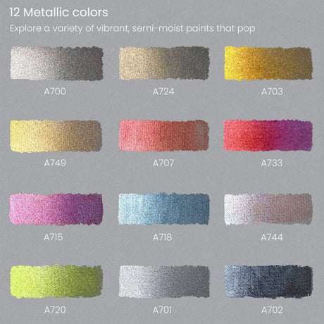 Arteza Metallic and Iridescent Watercolor Paint Set of 12 Colors, Enchanted Forest Theme in Half Pans - Retail Maharaj
