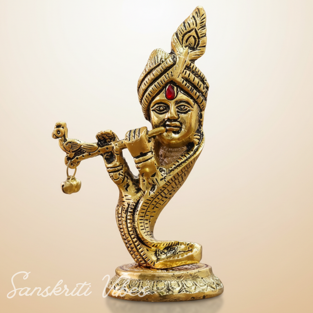 Pagdi Krishna Playing Flute Idol | Gold-Toned Metal Decorative Showpiece Hindu Religious Figurine