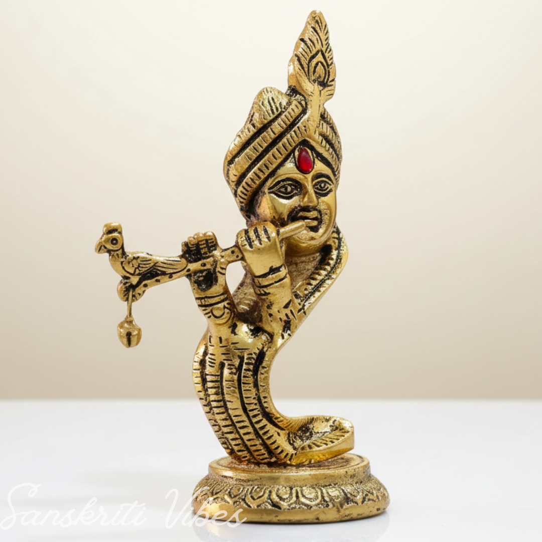 Pagdi Krishna Playing Flute Idol | Gold-Toned Metal Decorative Showpiece Hindu Religious Figurine