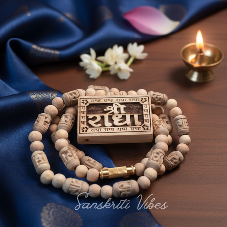 Shri Radha Bhaktmal with Radha Carved Tulsi Kanthi Mala – Devotional Necklace for Spiritual Practices - Retail Maharaj