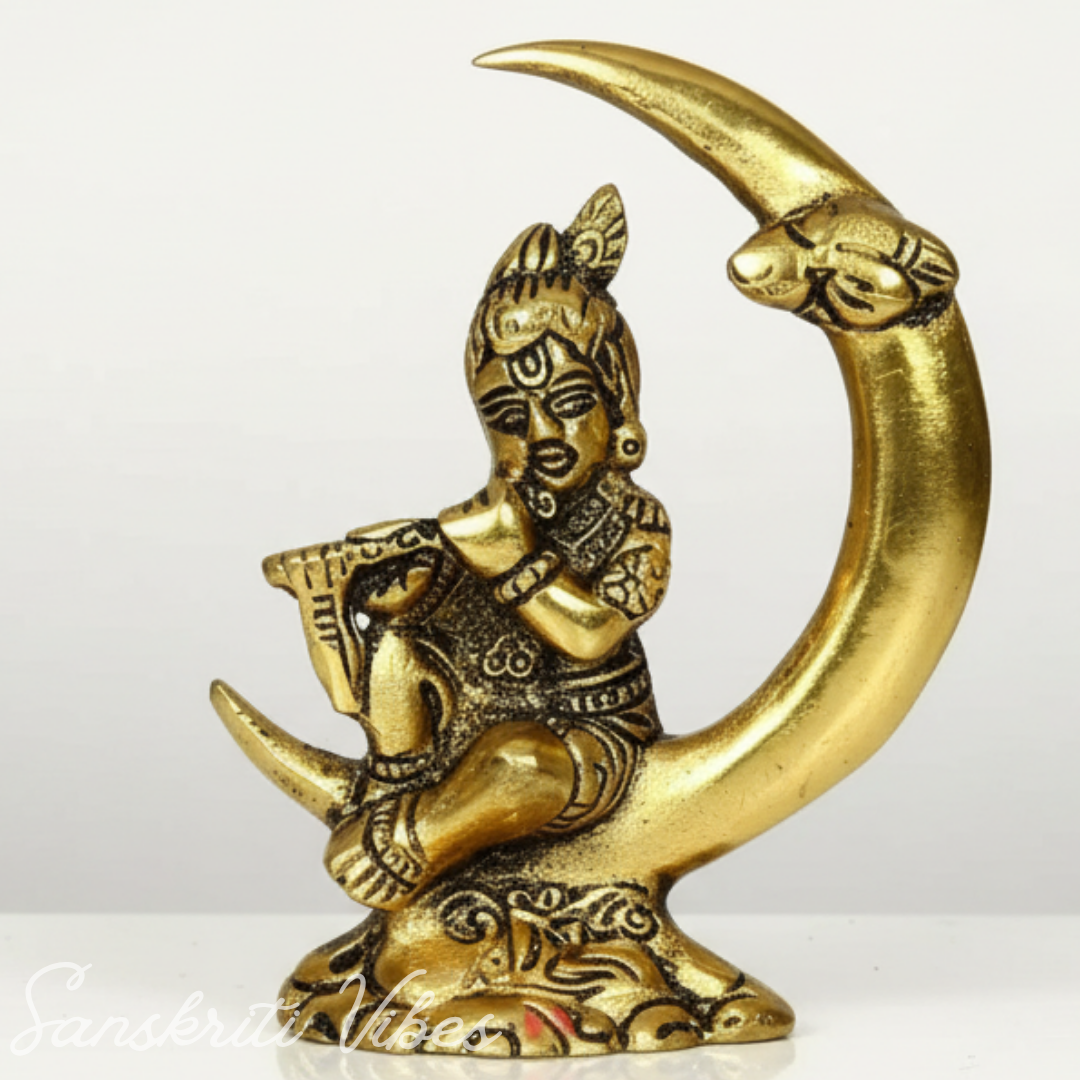 Bal Krishna Seated on Moon Motif | 4.5-Inch Aluminium Metal Decorative Showpiece for Home Temple & Gifting