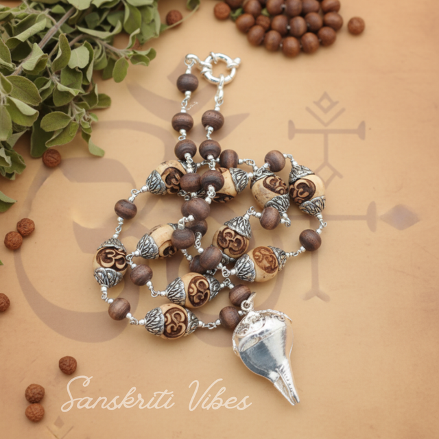 Sterling Silver Conch/Shank Pendant with Om Carved Tulsi Beads Premium Spiritual Rosary - Retail Maharaj
