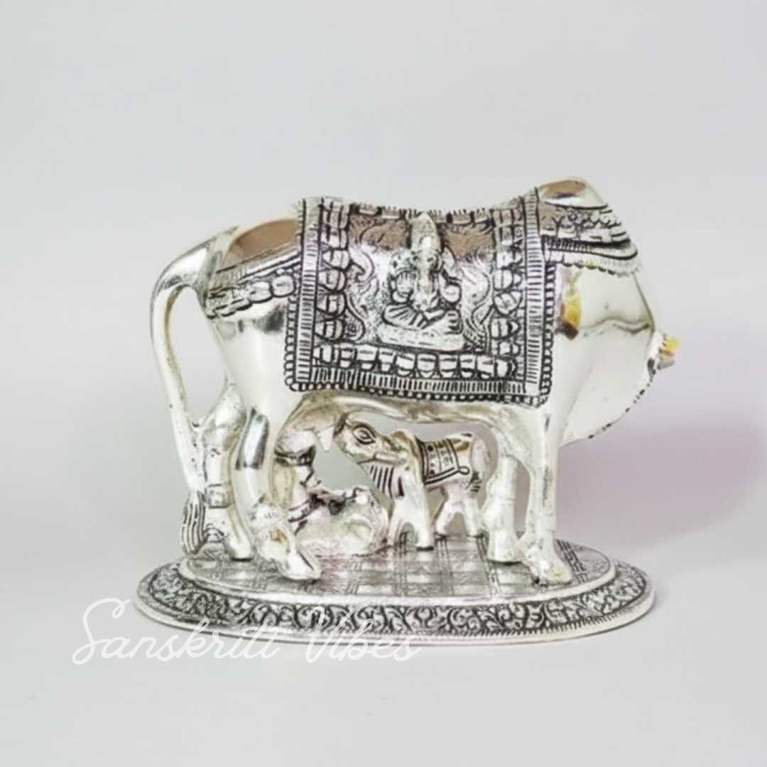 Metal Religious Kamdhenu Cow with Calf and Krishna Idol – Silver Finish Decorative Showpiece by Sanskriti Vibes | Hindu Pooja and Home Temple Decoration