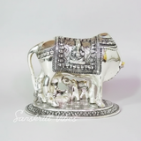 Metal Religious Kamdhenu Cow with Calf and Krishna Idol – Silver Finish Decorative Showpiece by Sanskriti Vibes | Hindu Pooja and Home Temple Decoration