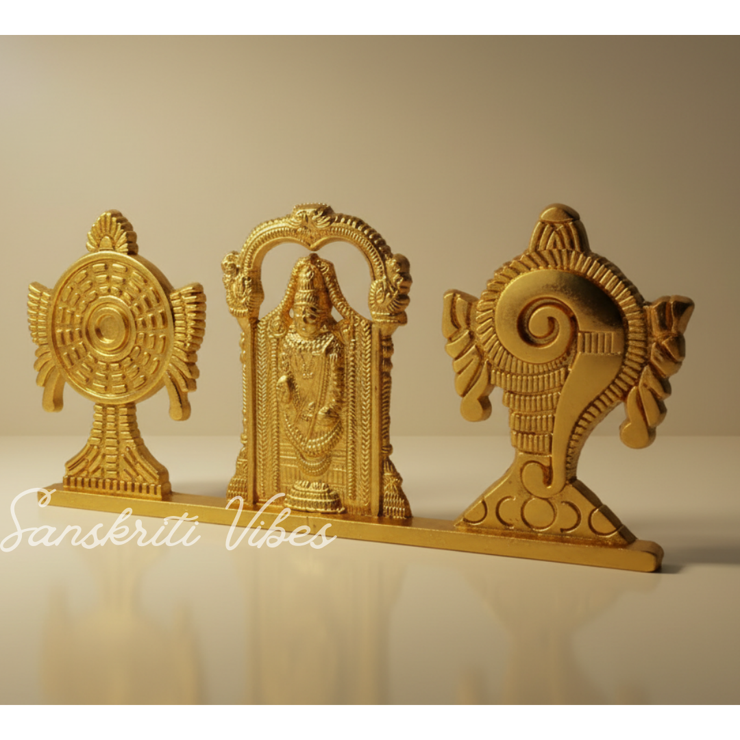Tirupati Balaji Shankh Chakra Symbol Stand with Balaji Statue | Gold-Plated Antique Decorative Metal Idol for Car Dashboard, Home Temple & Office Table