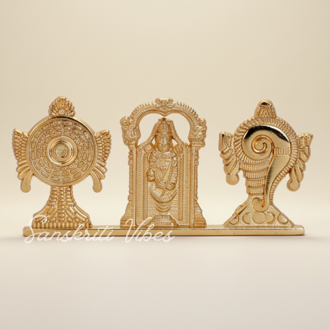 Tirupati Balaji Shankh Chakra Symbol Stand with Balaji Statue | Gold-Plated Antique Decorative Metal Idol for Car Dashboard, Home Temple & Office Table