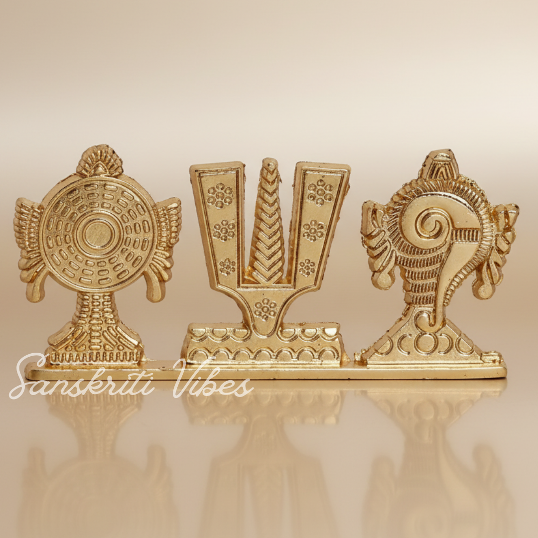 Tirupati Balaji Shankh Chakra Namah Symbol Stand | Gold-Plated Antique Decorative Idol for Car Dashboard & Home Temple