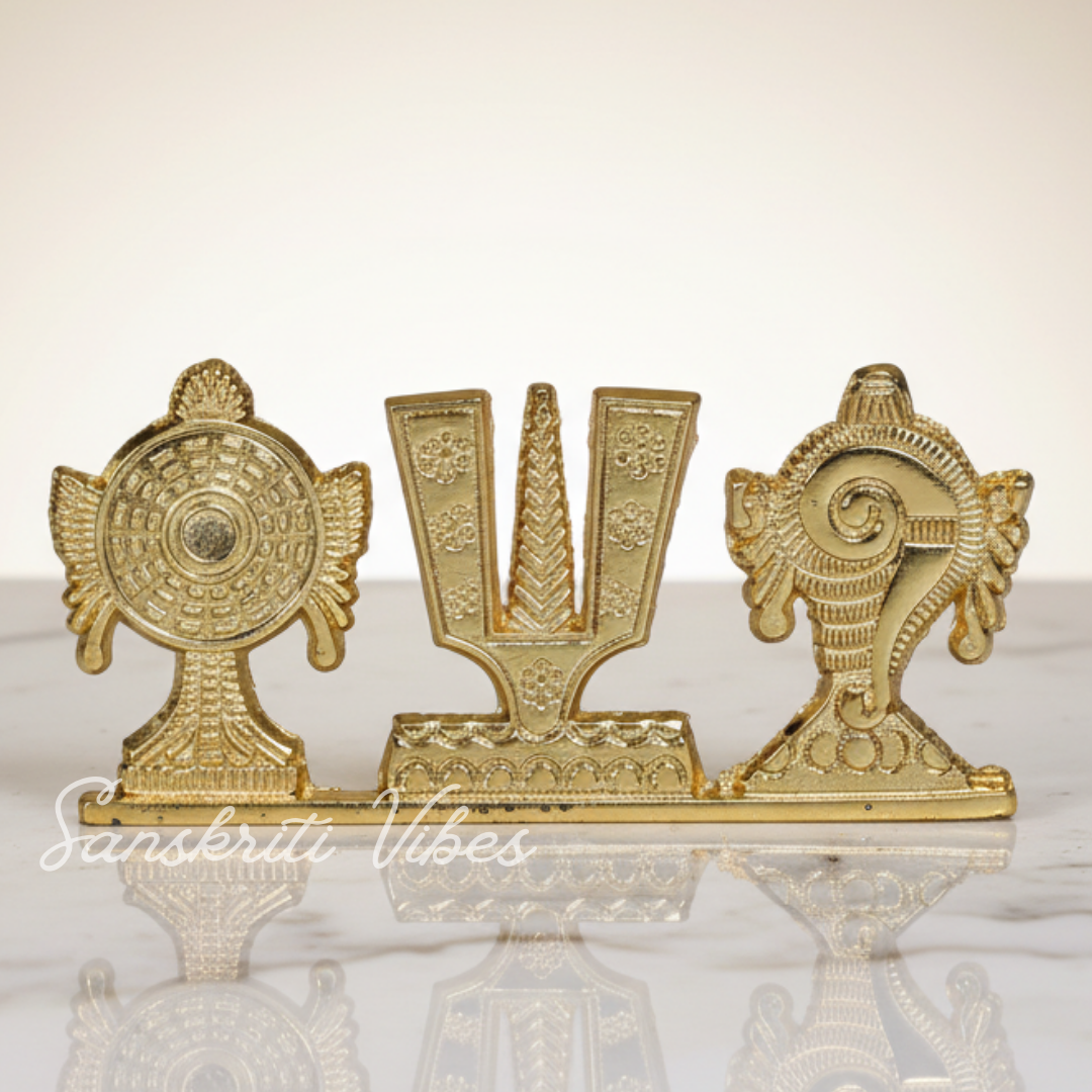 Tirupati Balaji Shankh Chakra Namah Symbol Stand | Gold-Plated Antique Decorative Idol for Car Dashboard & Home Temple