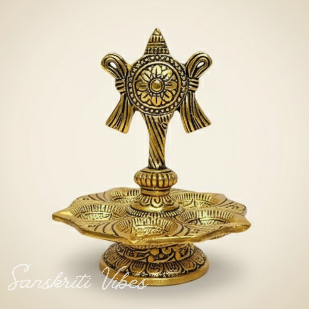 Tirupati Balaji Panch Mukhi Diya with Chakra Stand | Gold-Plated 5 Batti Metal Diya for Home & Office Pooja Room Decoration