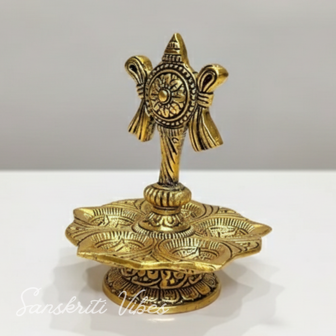 Tirupati Balaji Panch Mukhi Diya with Chakra Stand | Gold-Plated 5 Batti Metal Diya for Home & Office Pooja Room Decoration
