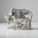 Metal Religious Kamdhenu Cow with Calf and Krishna Idol – Silver Finish Decorative Showpiece by Sanskriti Vibes | Hindu Pooja and Home Temple Decoration