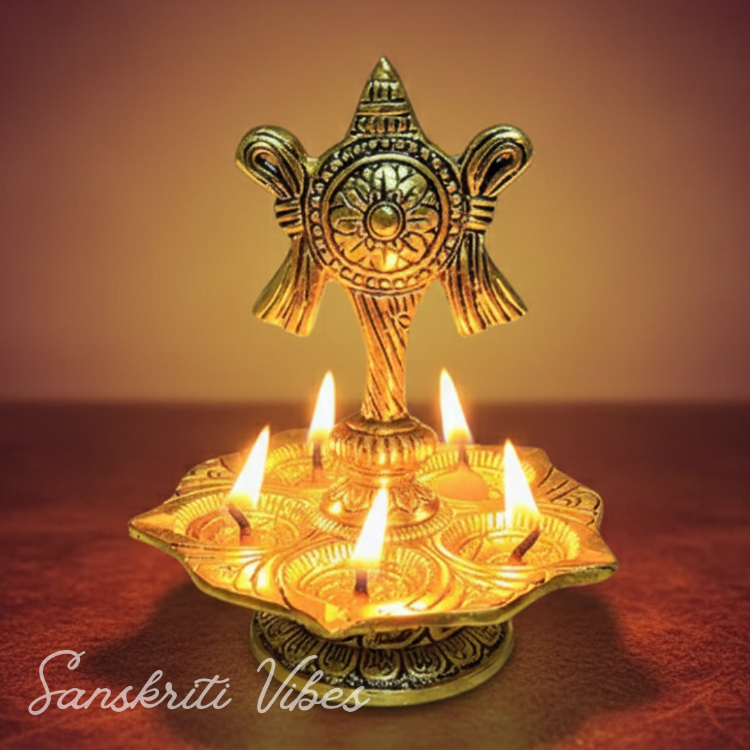 Tirupati Balaji Panch Mukhi Diya with Chakra Stand | Gold-Plated 5 Batti Metal Diya for Home & Office Pooja Room Decoration