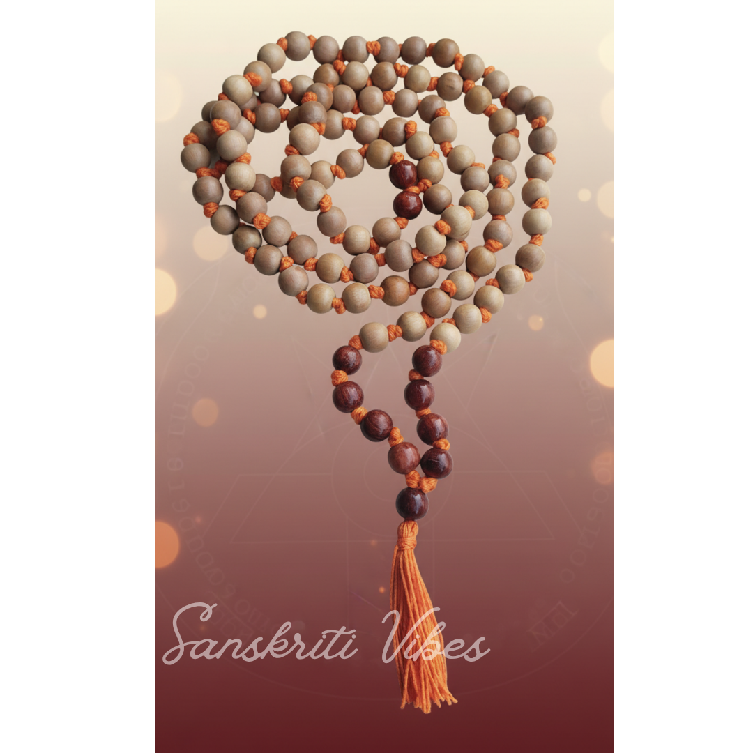 White and Red Pure Sandalwood Japa Mala Premium 12 mm Natural Chandan Mala for Meditation Chanting Spiritual Healing and Positivity