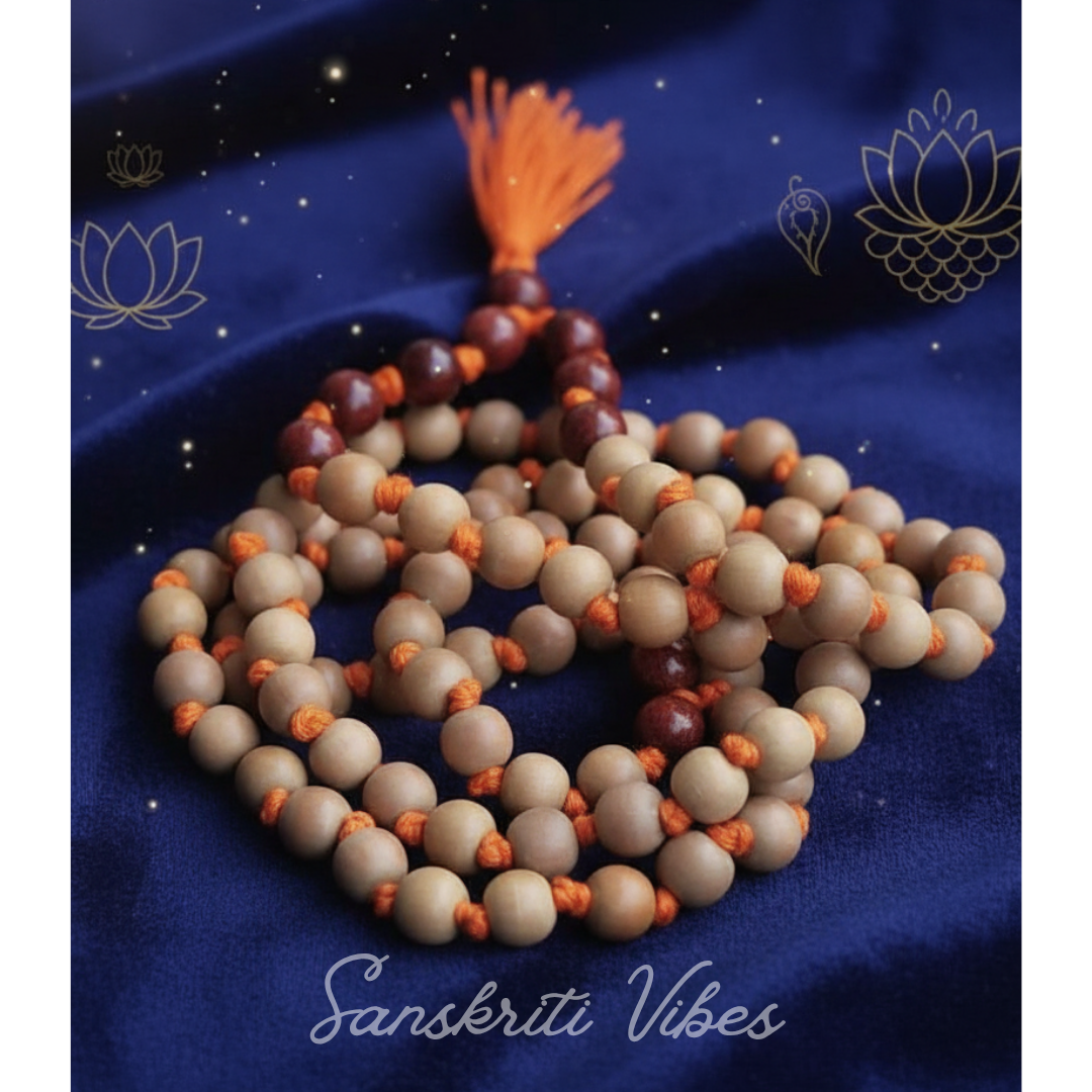 White and Red Pure Sandalwood Japa Mala Premium 12 mm Natural Chandan Mala for Meditation Chanting Spiritual Healing and Positivity