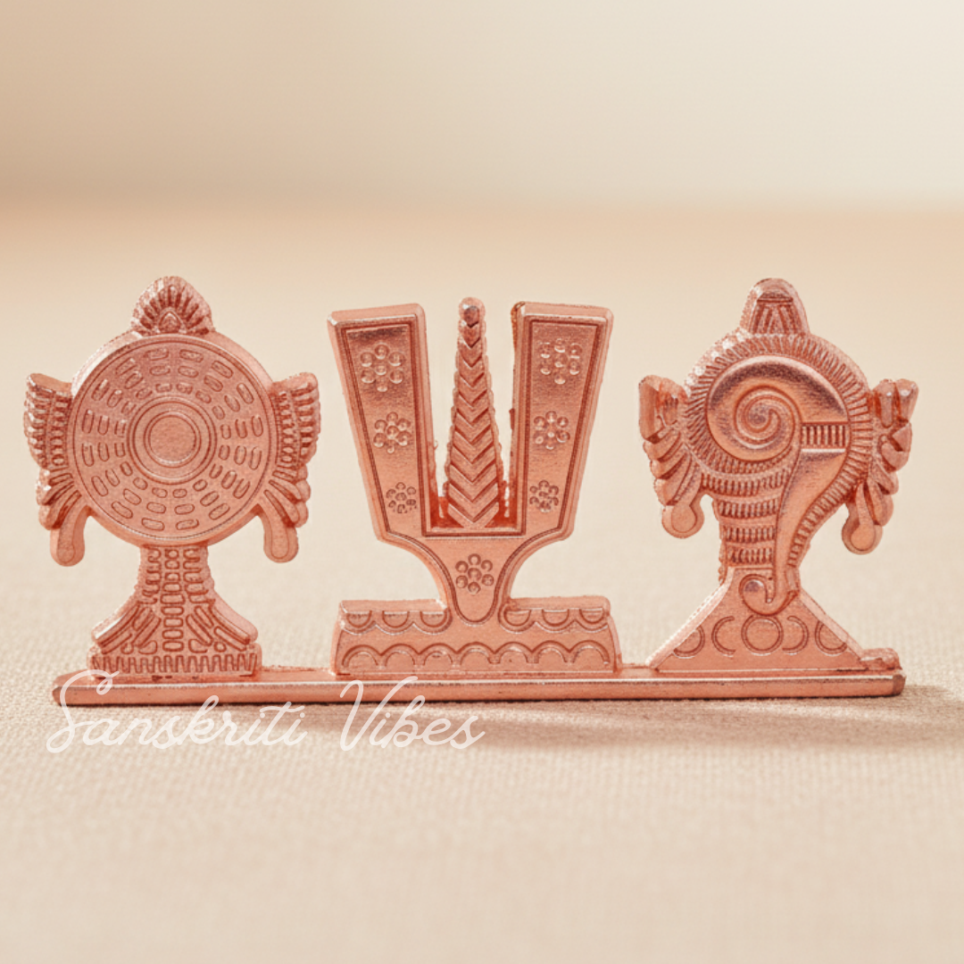Tirupati Balaji Shankh Chakra Tilak Symbol Stand | Copper-Plated Decorative Idol for Car Dashboard & Home Temple