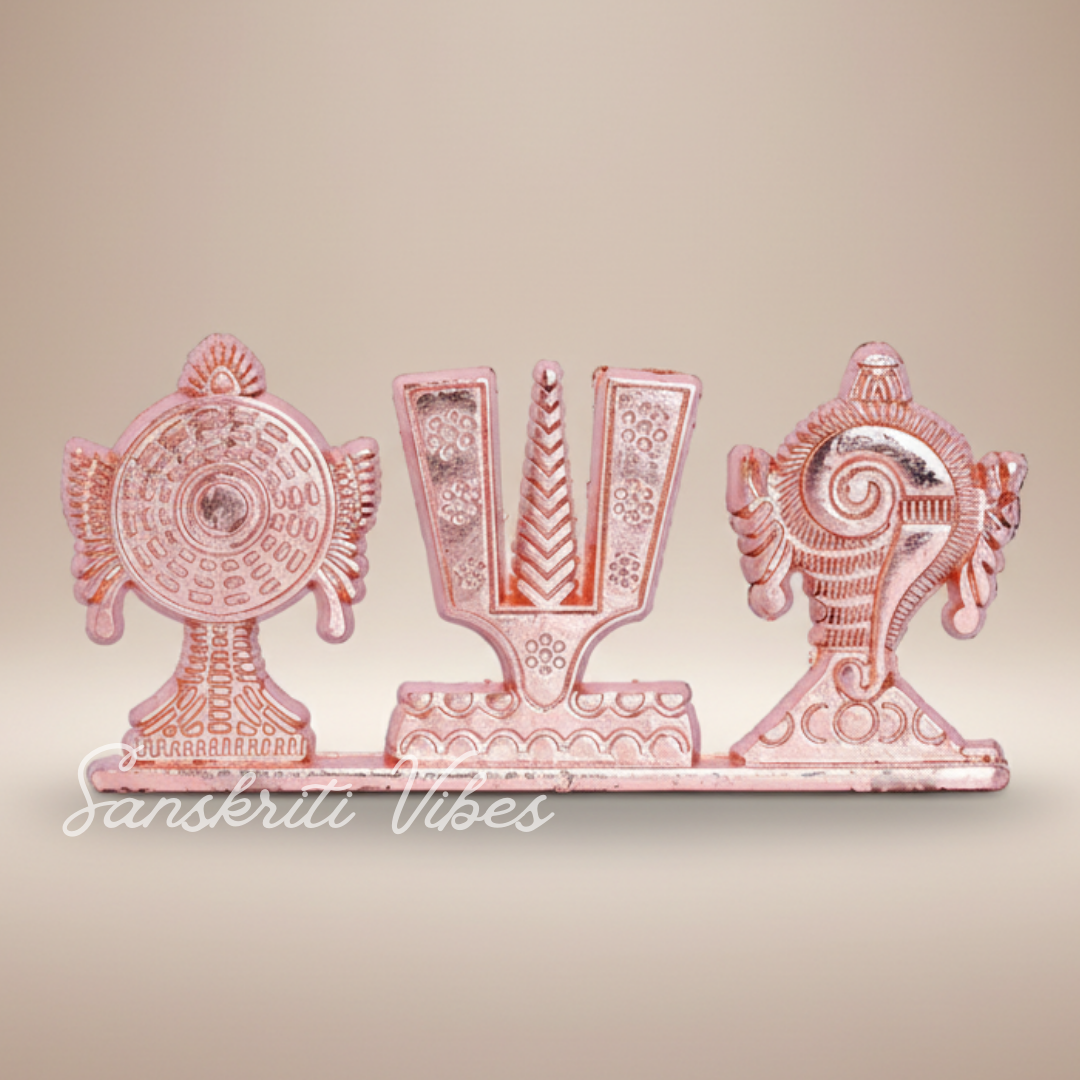Tirupati Balaji Shankh Chakra Tilak Symbol Stand | Copper-Plated Decorative Idol for Car Dashboard & Home Temple