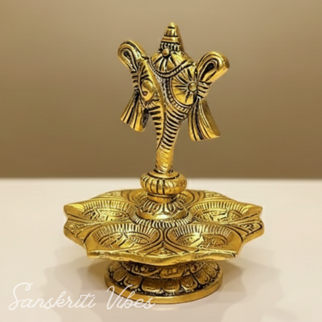 Tirupati Balaji Panch Mukhi Diya with Shanku Stand | Gold-Plated 5 Batti Metal Diya for Home & Office Pooja Room Decoration