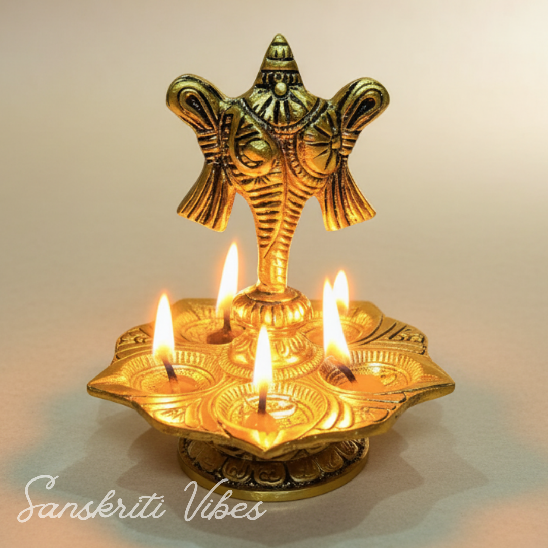 Tirupati Balaji Panch Mukhi Diya with Shanku Stand | Gold-Plated 5 Batti Metal Diya for Home & Office Pooja Room Decoration