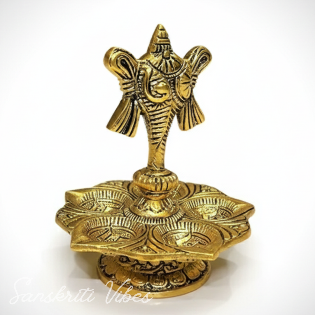 Tirupati Balaji Panch Mukhi Diya with Shanku Stand | Gold-Plated 5 Batti Metal Diya for Home & Office Pooja Room Decoration