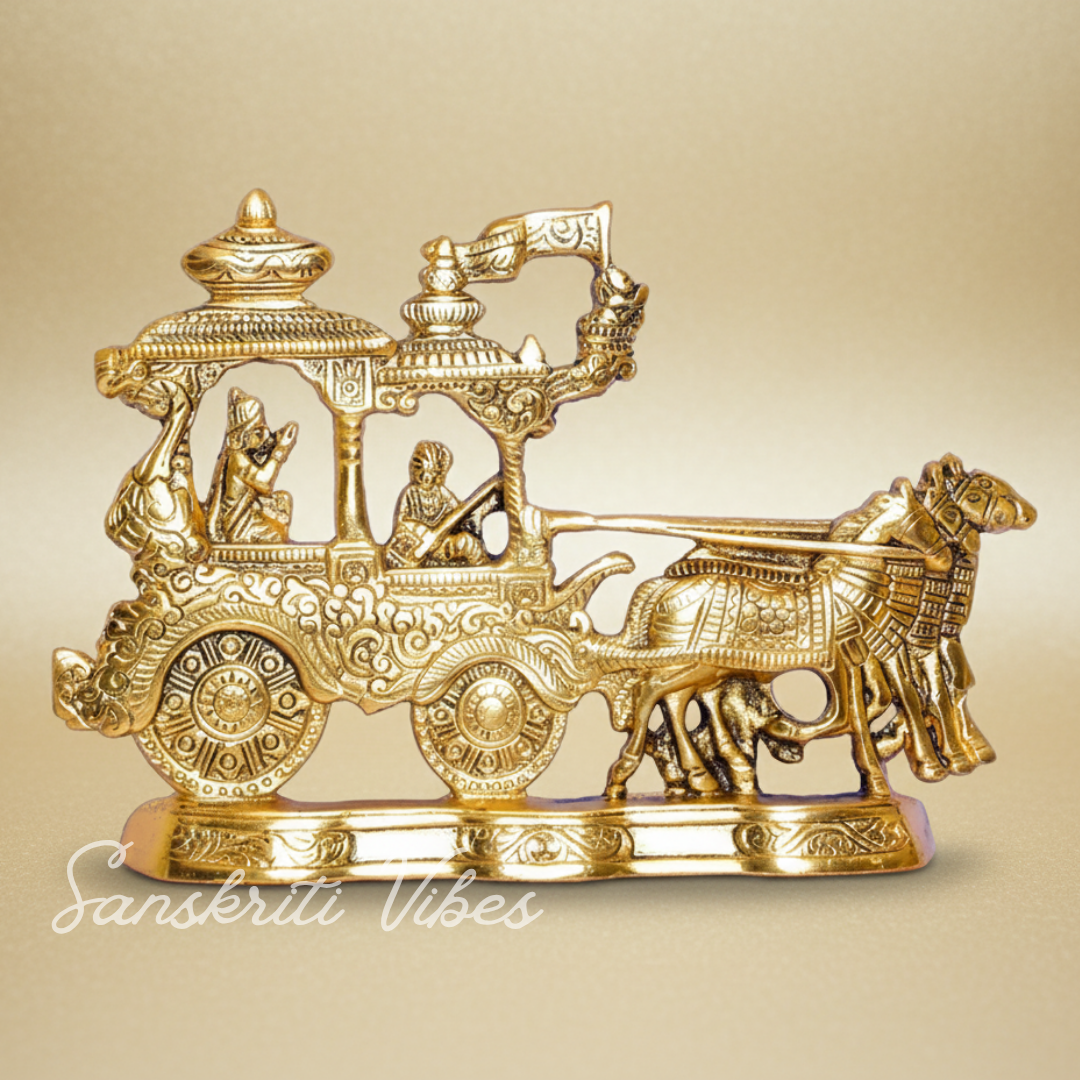 Lord Krishna and Arjun Rath Chariot with Two Horses – Metal Decorative Showpiece for Home Temple & Pooja by Sanskriti Vibes | Glossy Finish