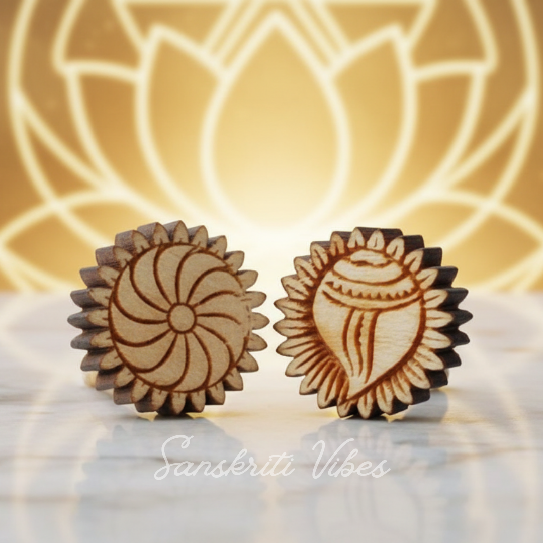 Shank Chakra Neem Wood Studs Traditional Handmade Earrings for Spiritual Protection and Devotional Wear