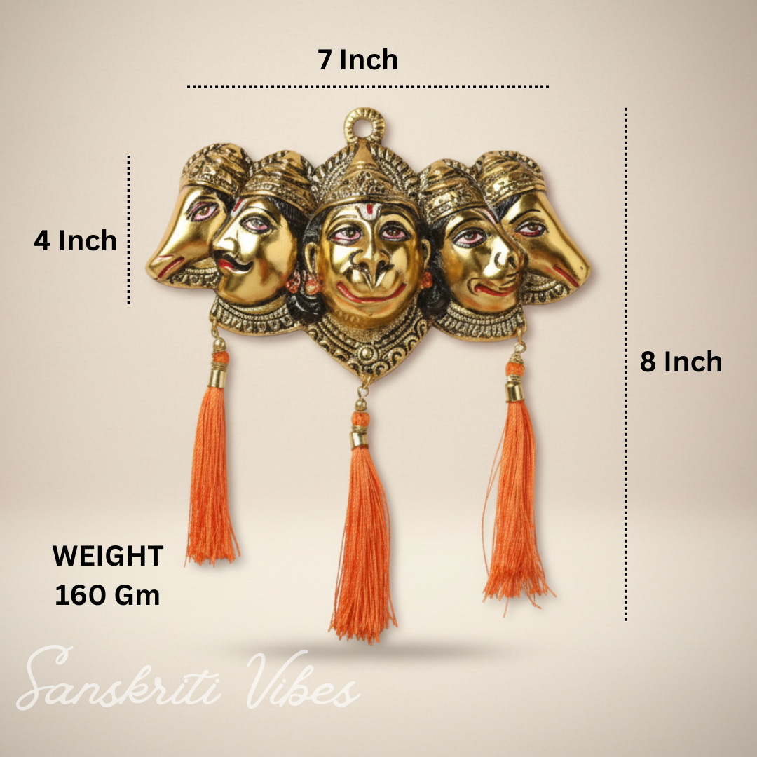 Metal Panchmukhi Hanuman Ji Murti for Door Entrance Statue Wall Hanging Showpiece with Silk Latakan in Gold Finish - Sanskriti Vibes