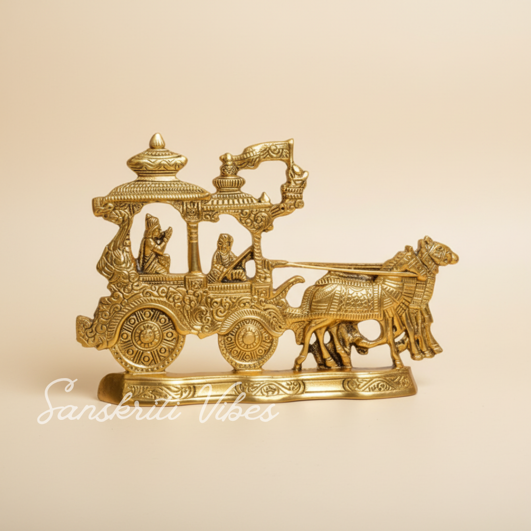 Lord Krishna and Arjun Rath Chariot with Two Horses – Metal Decorative Showpiece for Home Temple & Pooja by Sanskriti Vibes | Glossy Finish