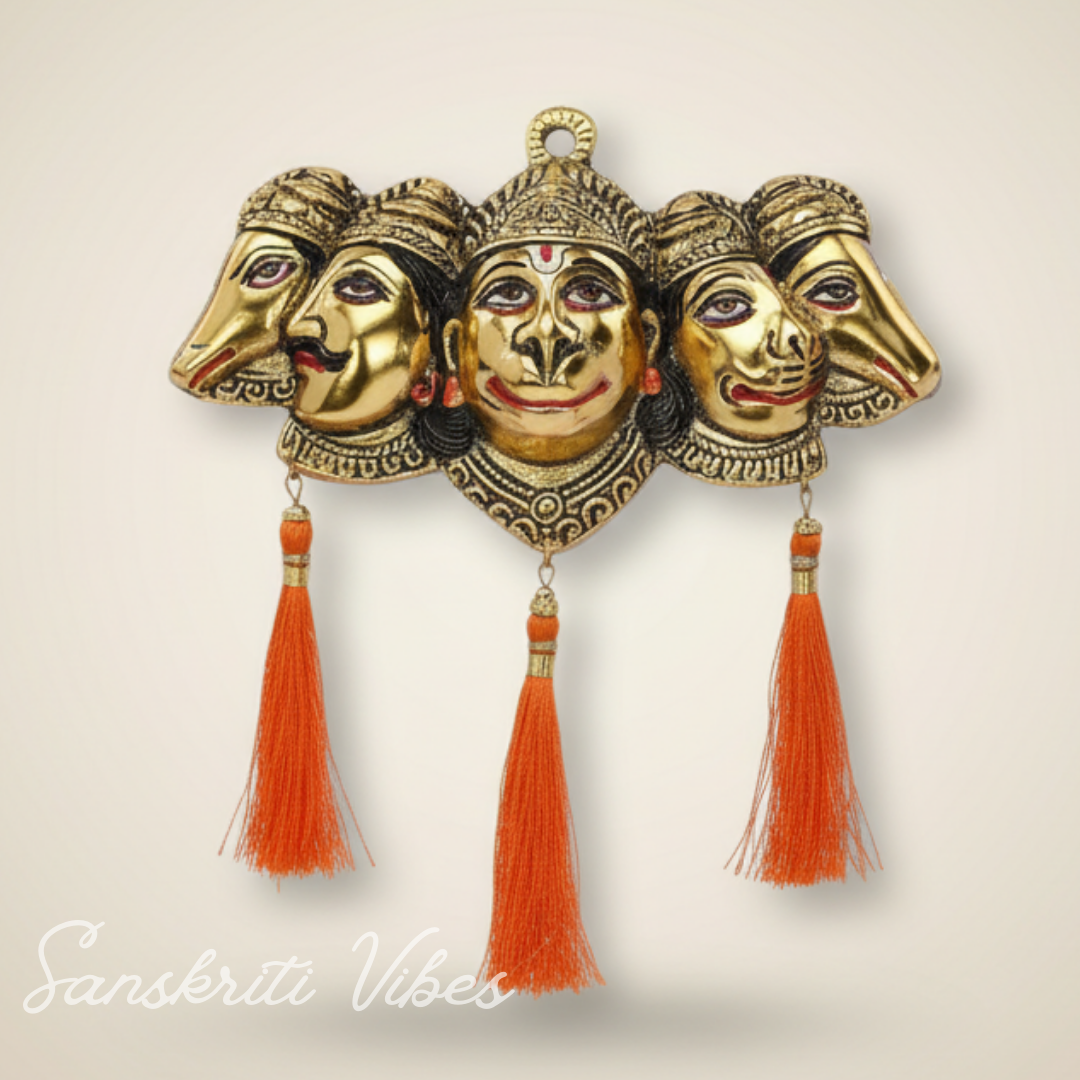 Metal Panchmukhi Hanuman Ji Murti for Door Entrance Statue Wall Hanging Showpiece with Silk Latakan in Gold Finish - Sanskriti Vibes