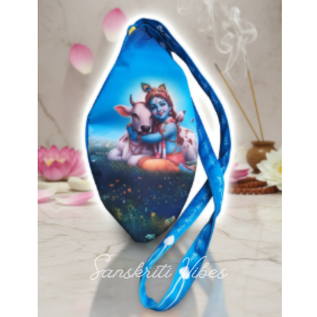 Three-Side Printed Gau Sewa Govinda Seva Japa Bag – Digital Printed Cotton Bead Bag in Blue - Retail Maharaj